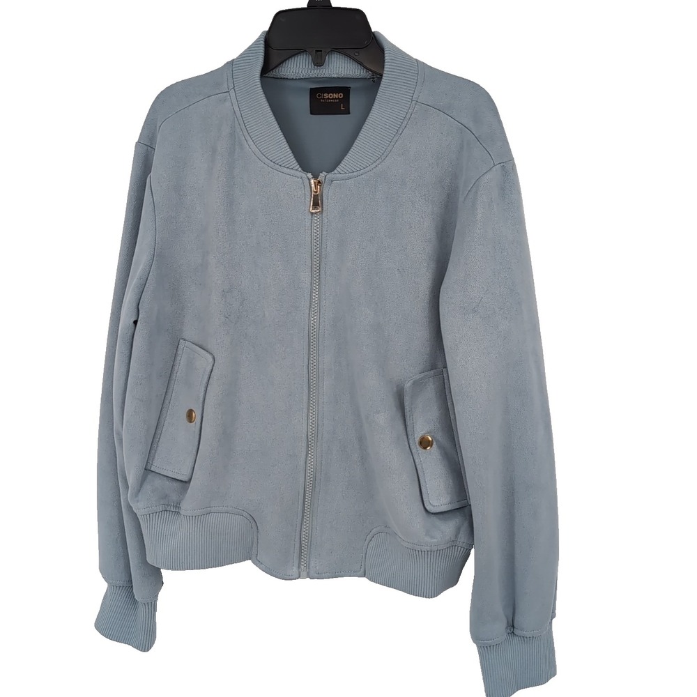 Cisono Womens Faux Suede Bomber Jacket  Dusty Light Blue SDJK14 Size Large